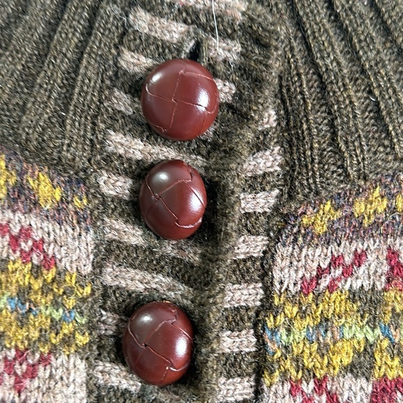 ORVIS wool long sweater cardigan  button front size L olive green red Nordic - Picture 5 of 11